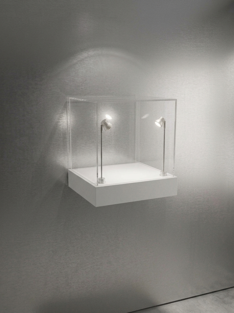 totem da parete nero con teca plexiglass e faretti led